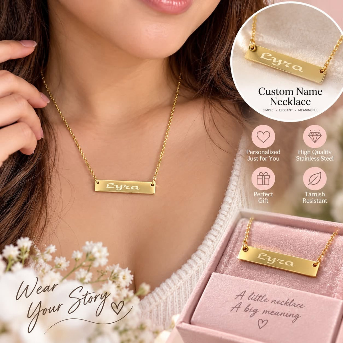 Custom Name Bar Necklace in gold stainless steel with personalized engraving by Roussell Prints