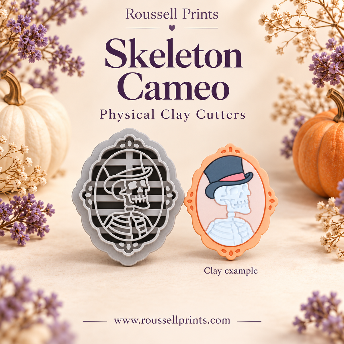 Skeleton Cameo physical clay cutter with a top-hat skeleton and ornate oval frame, beside a decorated clay example.