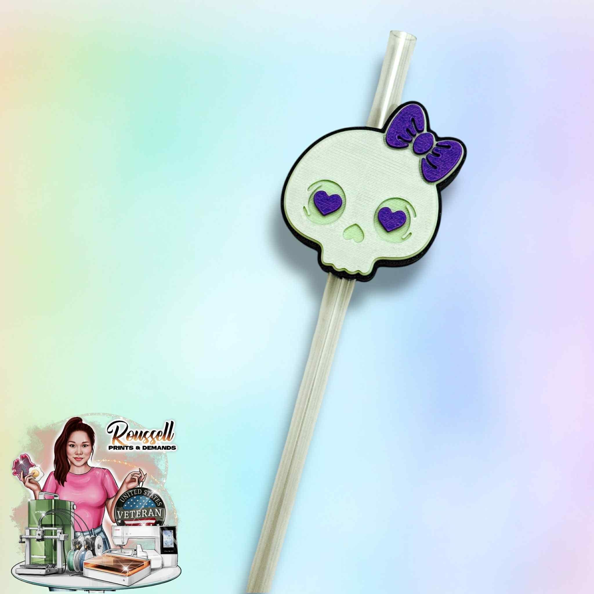 Skelly with bow 3d printed straw topper 2 sizes