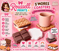 S'mores coaster set 3D printed graham cracker marshmallow and chocolate bar coasters with pink mug on pink background