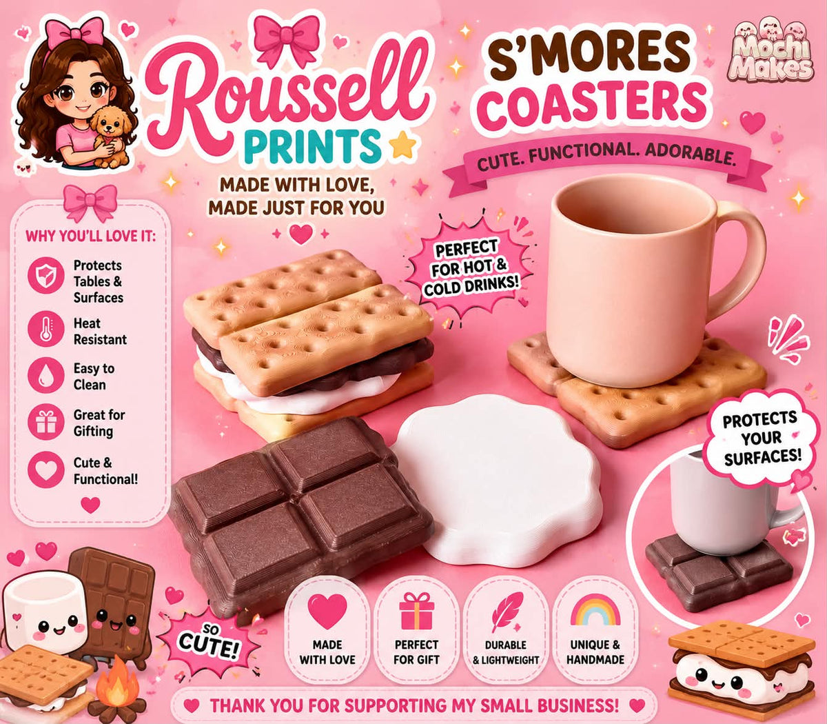 S'mores coaster set 3D printed graham cracker marshmallow and chocolate bar coasters with pink mug on pink background