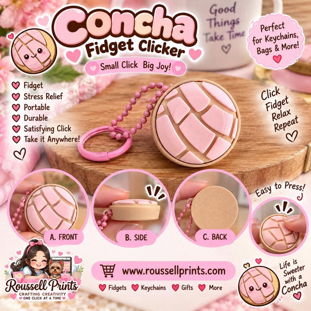 Pink concha sweet bread fidget clicker keychain with a pink beaded keychain attachment
