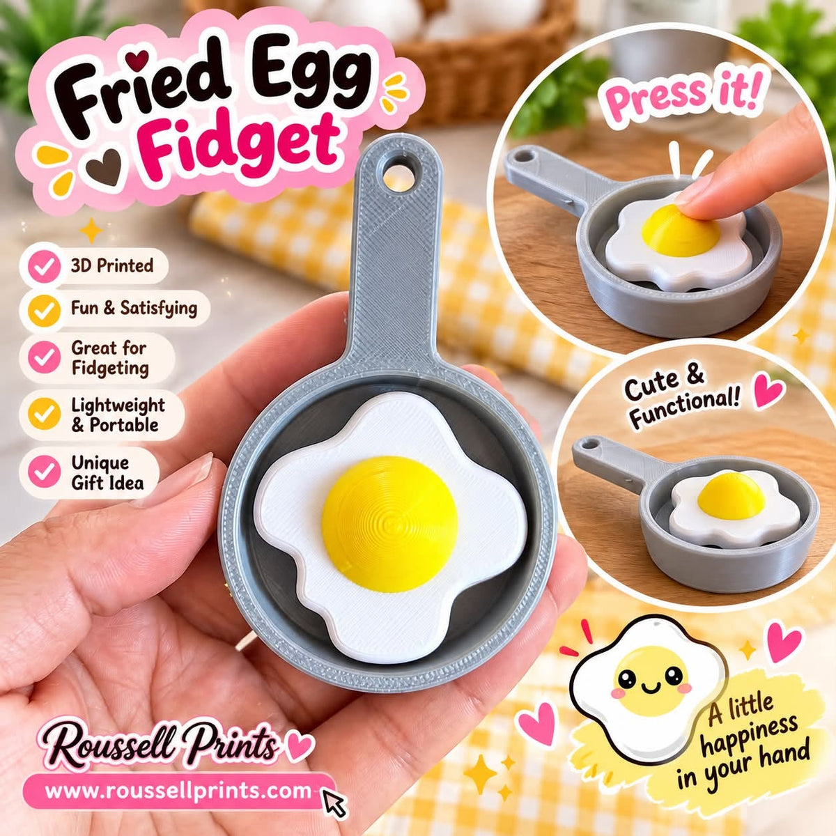 3D-printed Fried Egg Fidget shown being pressed and used as a lightweight portable tactile toy