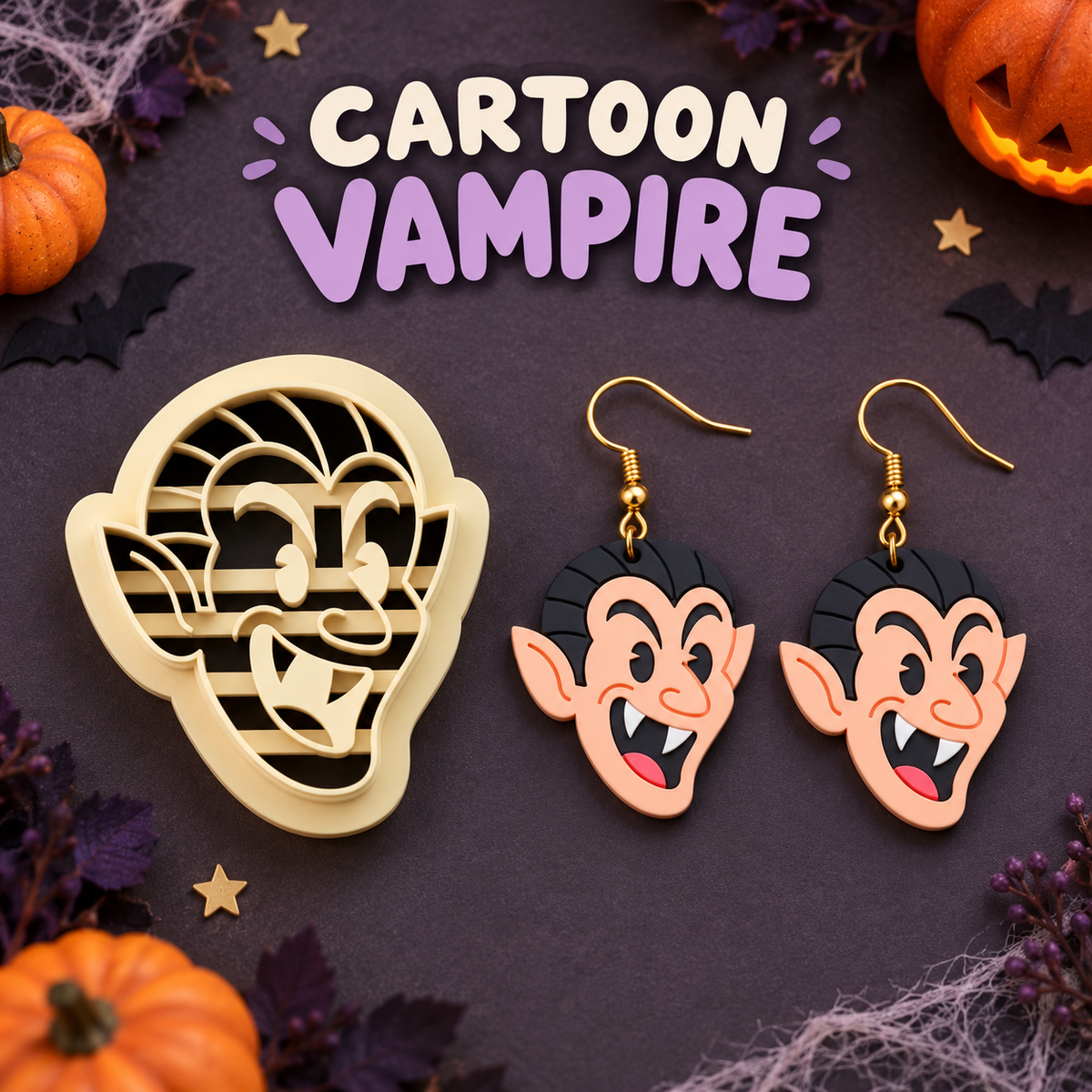 Cartoon Vampire Clay Cutter Set with polymer clay earring example – Halloween Dracula face design by Roussell Prints