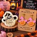 Witch Pumpkin Clay Cutter Set with polymer clay earring example – Halloween jack-o-lantern witch hat design by Roussell Prints