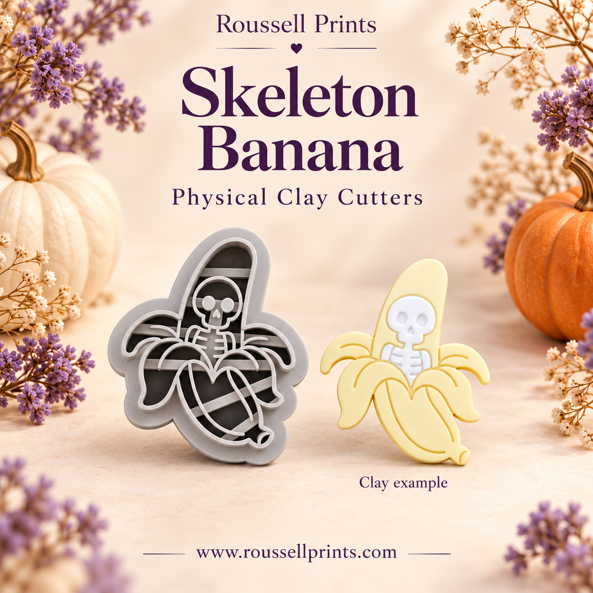 Skeleton Banana physical clay cutter featuring a skeleton inside a peeled banana, beside a yellow and white decorated clay example.