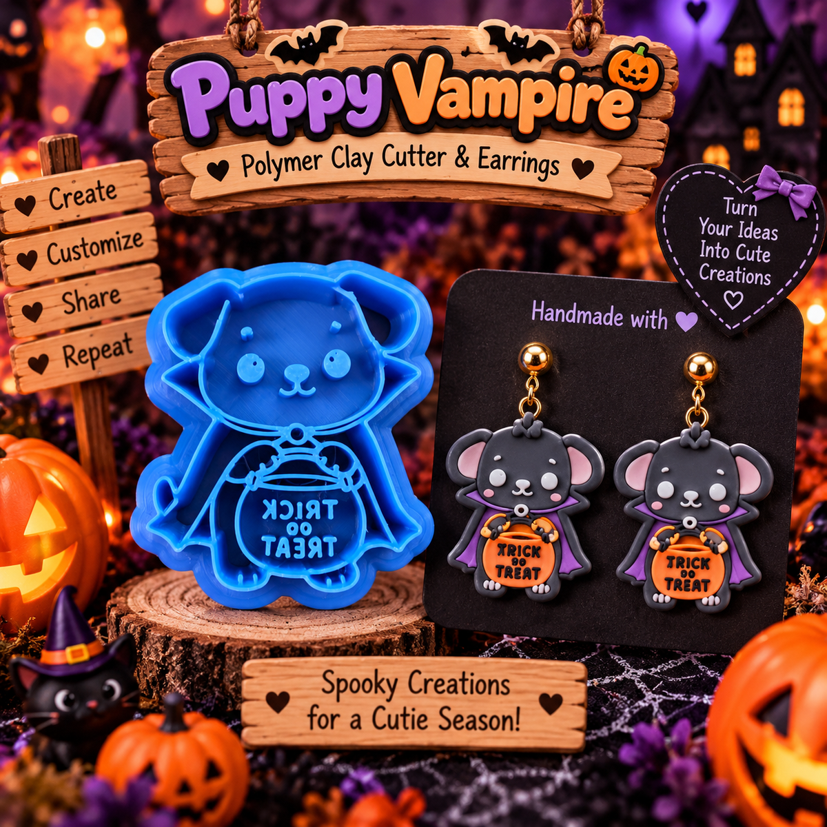 Puppy Vampire Clay Cutter Set with polymer clay earring example – Halloween vampire dog design by Roussell Prints