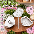 Triceratops cake pop mold and stamp with decorated dinosaur treats, shown with Roussell Prints branding