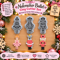 Three gray Nutcracker Ballet clay cutters with finished ballerina, mouse king, and nutcracker holiday clay pieces