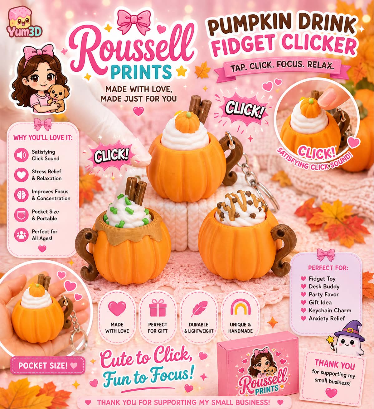 Pumpkin drink fidget clicker 3D printed orange pumpkin mug with whipped cream cinnamon sticks caramel drizzle and keychain