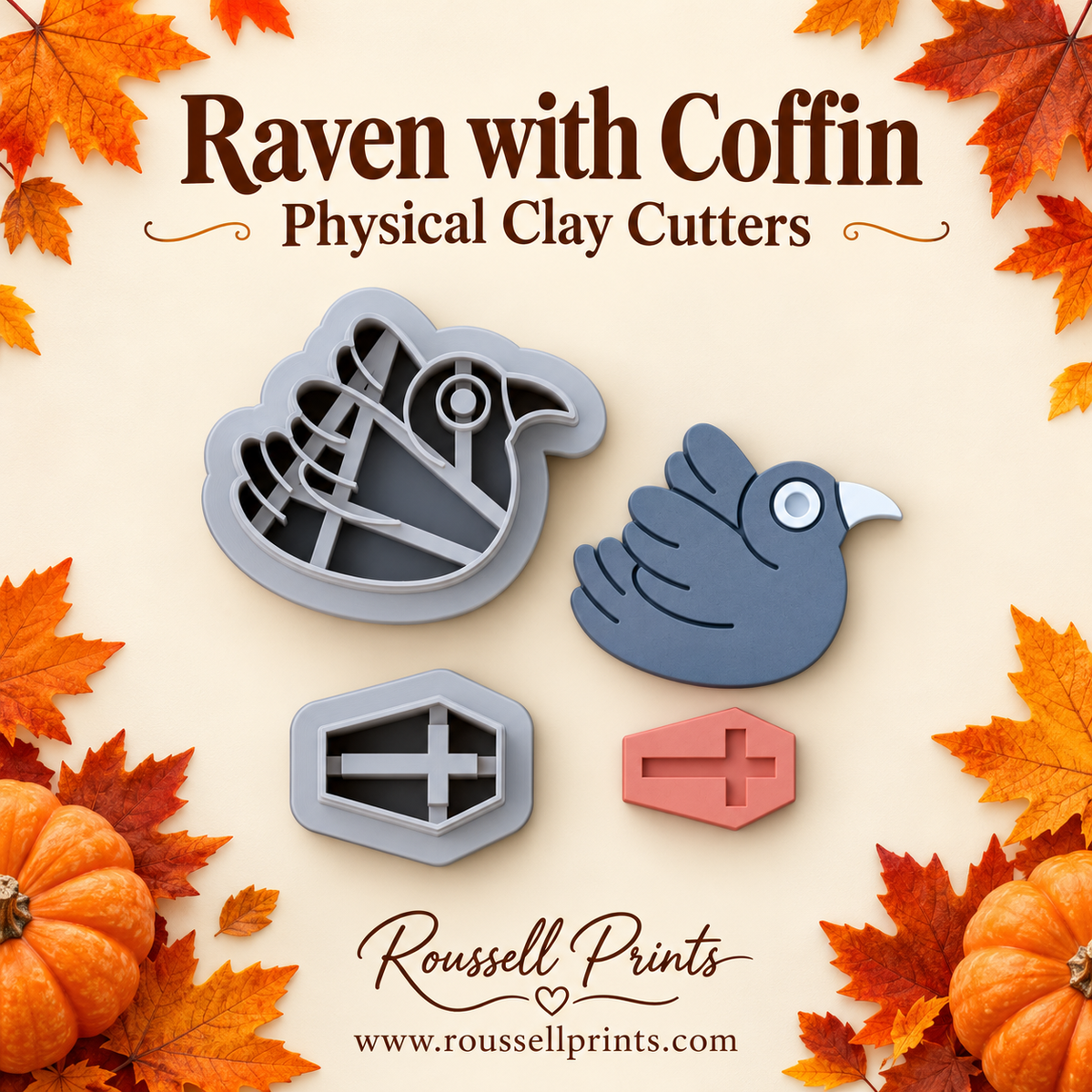 Raven and cross-detail coffin clay cutters beside sample clay designs, framed by autumn leaves and pumpkins.