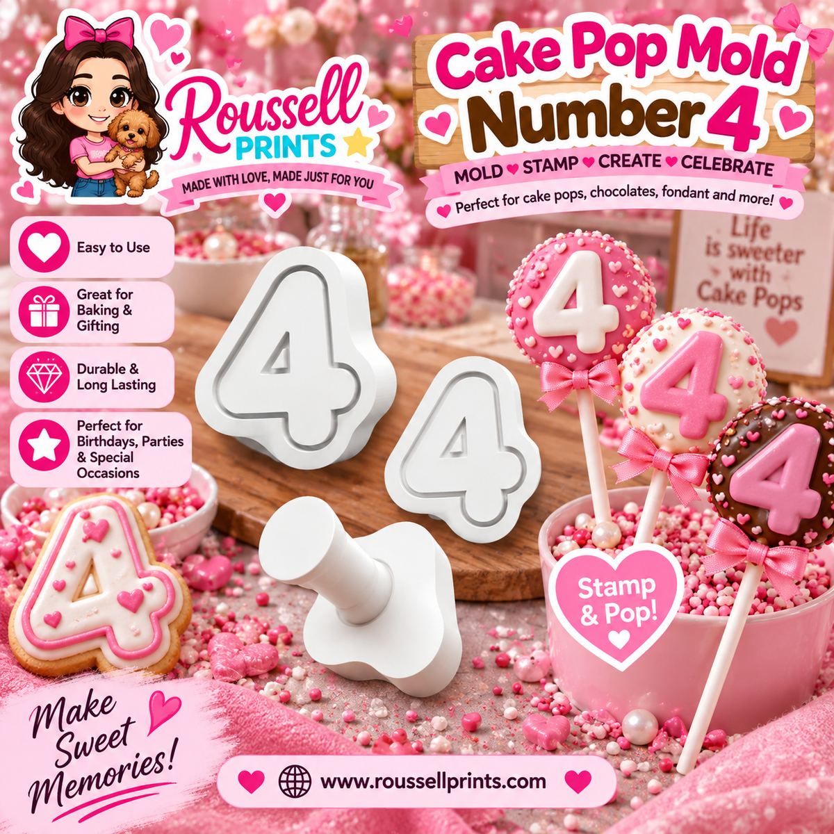 Number 4 cake pop mold and stamp with decorated number 4 treats, shown with Roussell Prints branding
