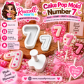 Number 7 cake pop mold and stamp with decorated number 7 treats, shown with Roussell Prints branding