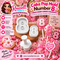 Number 8 cake pop mold and stamp with decorated number 8 treats, shown with Roussell Prints branding