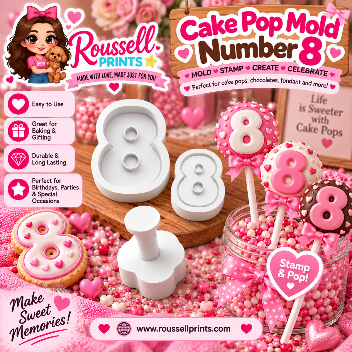 Number 8 cake pop mold and stamp with decorated number 8 treats, shown with Roussell Prints branding