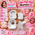 Number 2 cake pop mold and stamp with decorated number 2 treats, shown with Roussell Prints branding