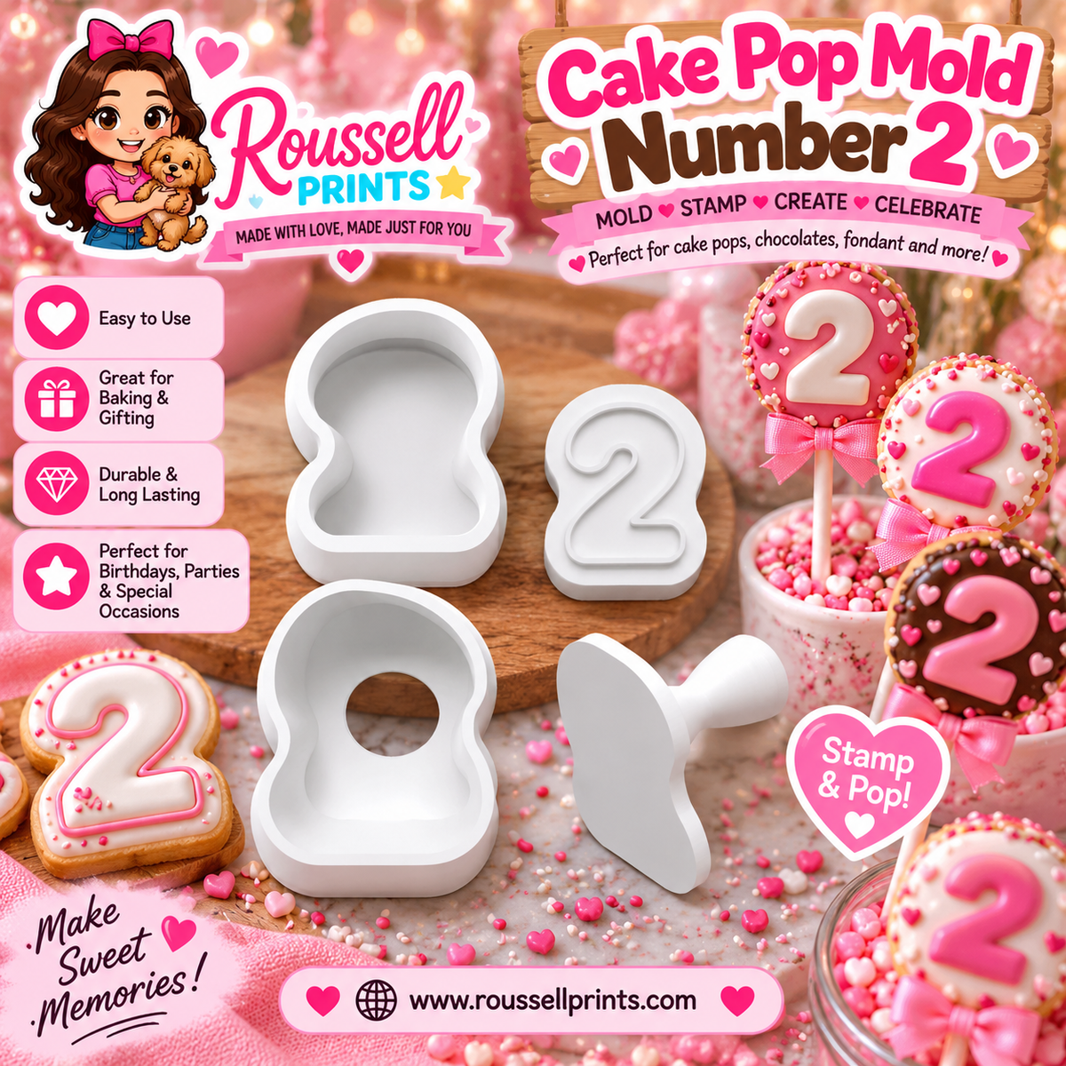 Number 2 cake pop mold and stamp with decorated number 2 treats, shown with Roussell Prints branding
