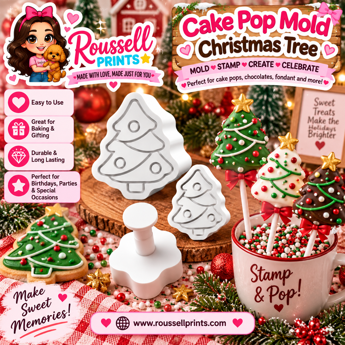 Christmas tree cake pop mold and stamp with decorated holiday tree treats, shown with Roussell Prints branding