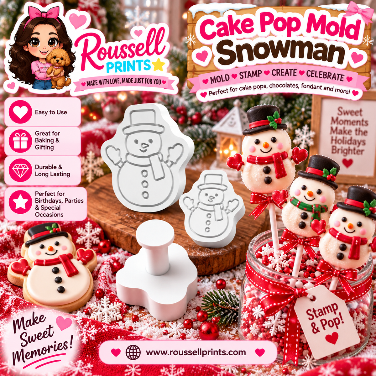 Snowman cake pop mold and stamp with decorated holiday snowman treats, shown with Roussell Prints branding