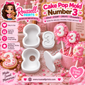 Number 3 cake pop mold and stamp with decorated number 3 treats, shown with Roussell Prints branding
