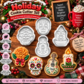 Four-piece holiday cookie cutter set with floral bouquet, sugar skull, candle, and violin designs
