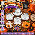 Four-piece Halloween cookie cutter set with ghost, witch hat, pumpkin, and haunted house designs