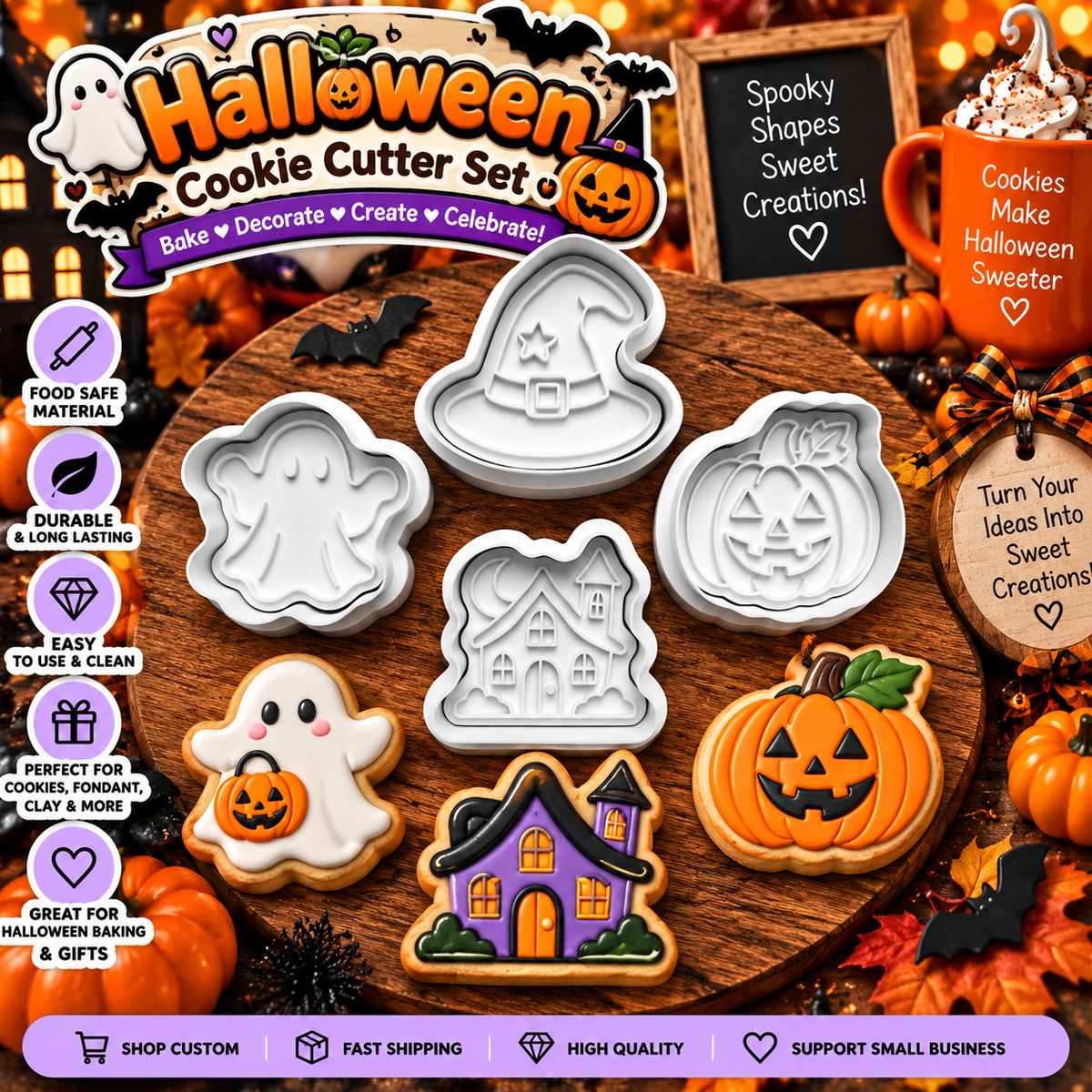 Four-piece Halloween cookie cutter set with ghost, witch hat, pumpkin, and haunted house designs
