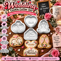 Four-piece wedding cookie cutter set with rings, champagne flutes, anniversary heart, and Still Married plaque designs