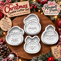 Four-piece Christmas cookie cutter set with Santa, gift, Christmas tree, and reindeer designs shown on a wooden board