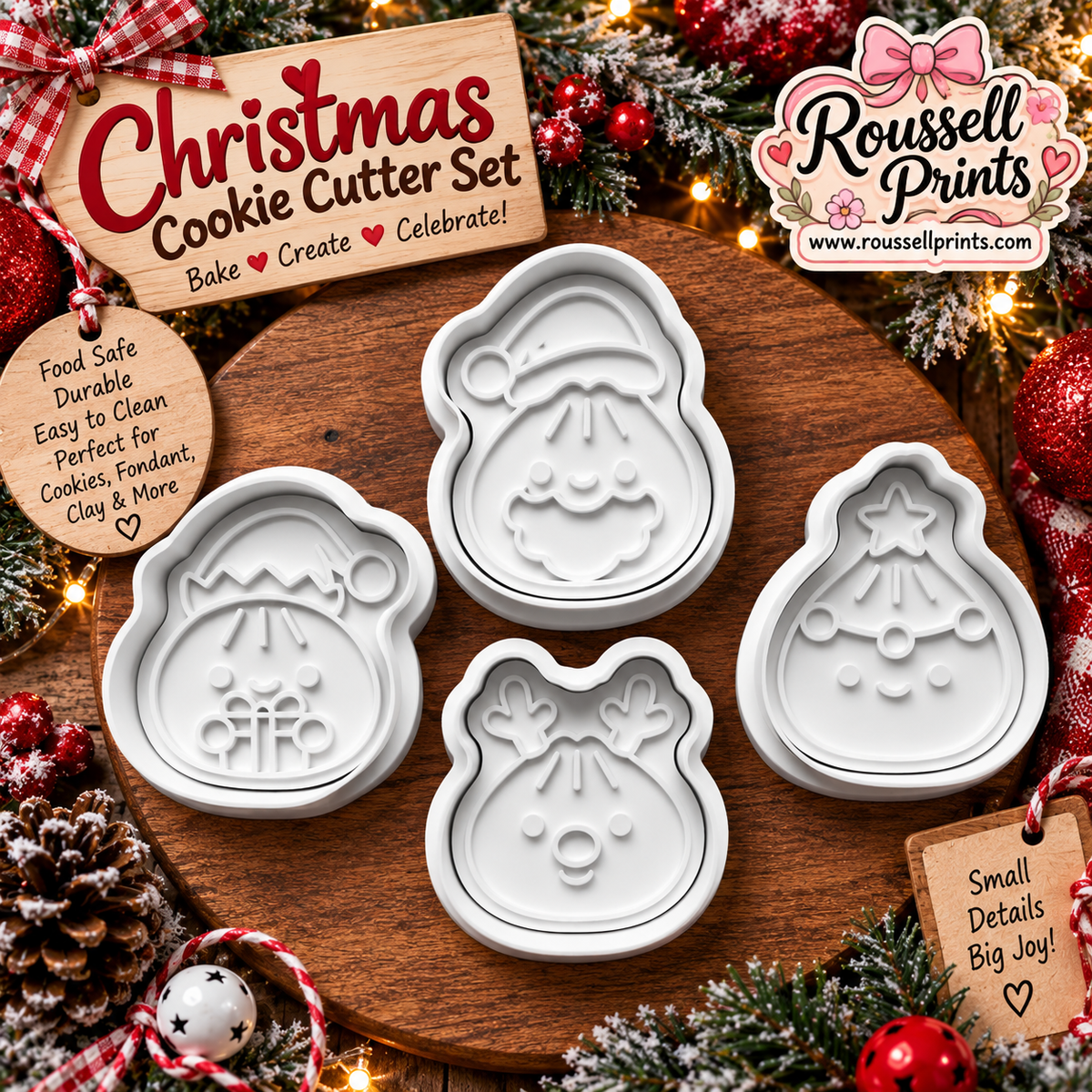 Four-piece Christmas cookie cutter set with Santa, gift, Christmas tree, and reindeer designs shown on a wooden board