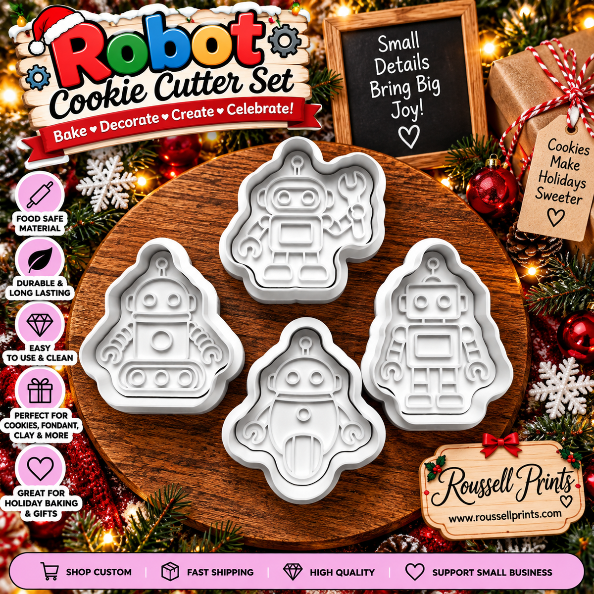 Four-piece robot cookie cutter set with cute robot and gear-inspired designs shown on a wooden board