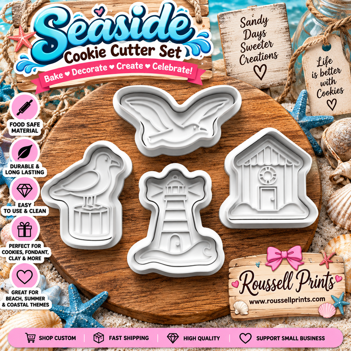 Four-piece seaside cookie cutter set with seagull, butterflyfish, lighthouse, and beach hut designs