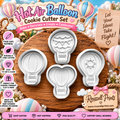 Four-piece hot air balloon cookie cutter set with balloon, banner, and sun designs shown on a wooden board