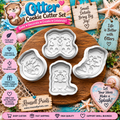 Four-piece otter cookie cutter set with cute sea animal designs shown on a wooden board