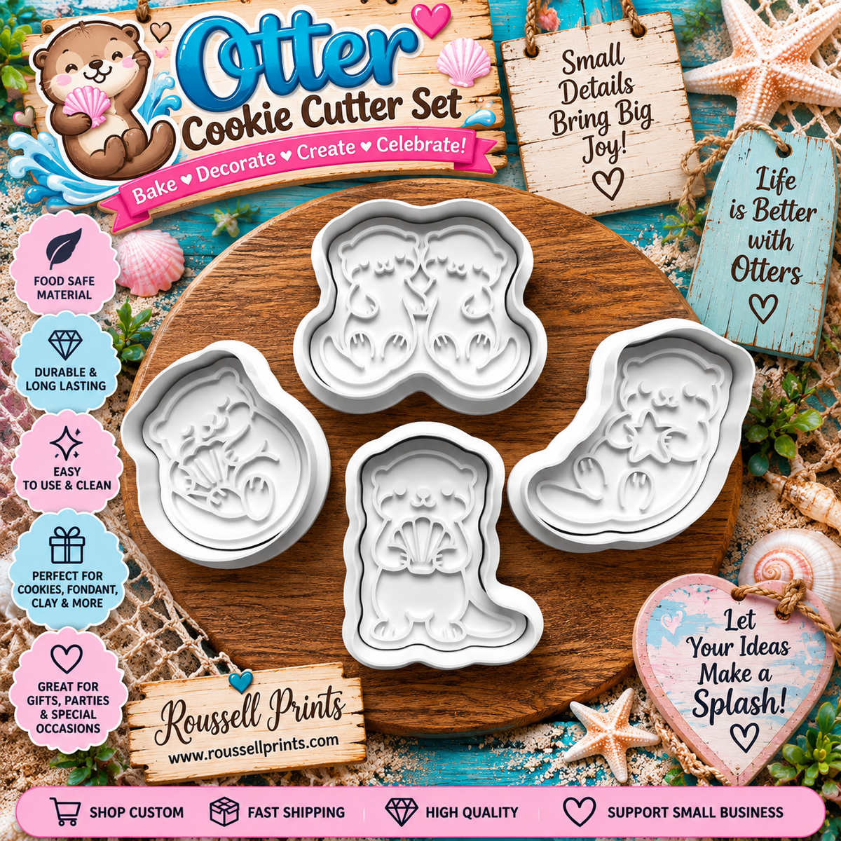 Four-piece otter cookie cutter set with cute sea animal designs shown on a wooden board