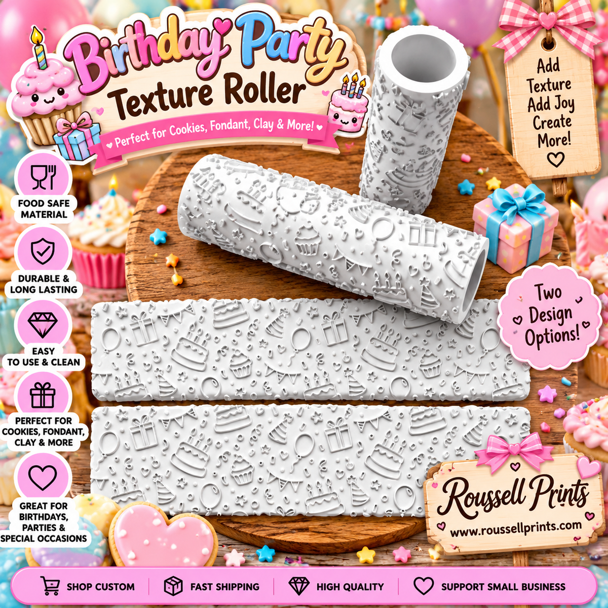 Birthday Party texture roller with embossed cakes, cupcakes, candles, presents, balloons, banners, stars, and confetti patterns