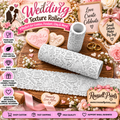 Wedding texture roller with embossed bridal, wedding cake, rings, hearts, bows, and floral patterns shown on cookies, fondant, and clay