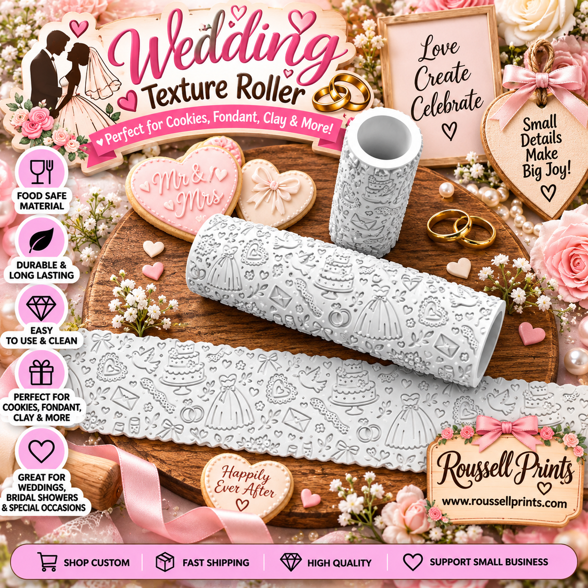 Wedding texture roller with embossed bridal, wedding cake, rings, hearts, bows, and floral patterns shown on cookies, fondant, and clay