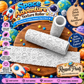 Space Adventure texture roller with embossed rockets, planets, astronauts, stars, and moon patterns shown on cookies, fondant, and clay