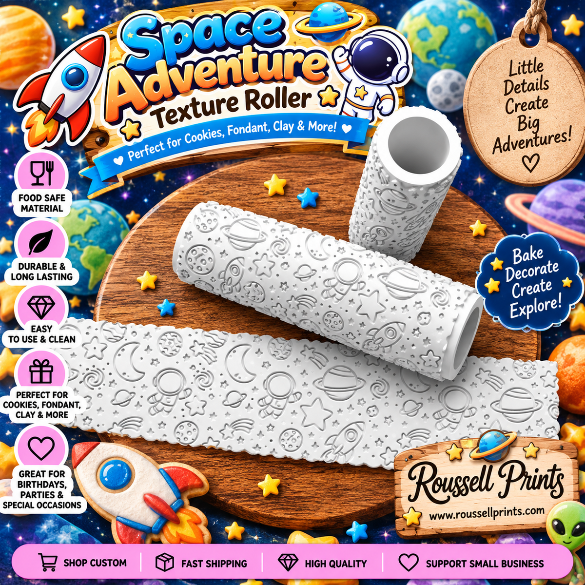 Space Adventure texture roller with embossed rockets, planets, astronauts, stars, and moon patterns shown on cookies, fondant, and clay