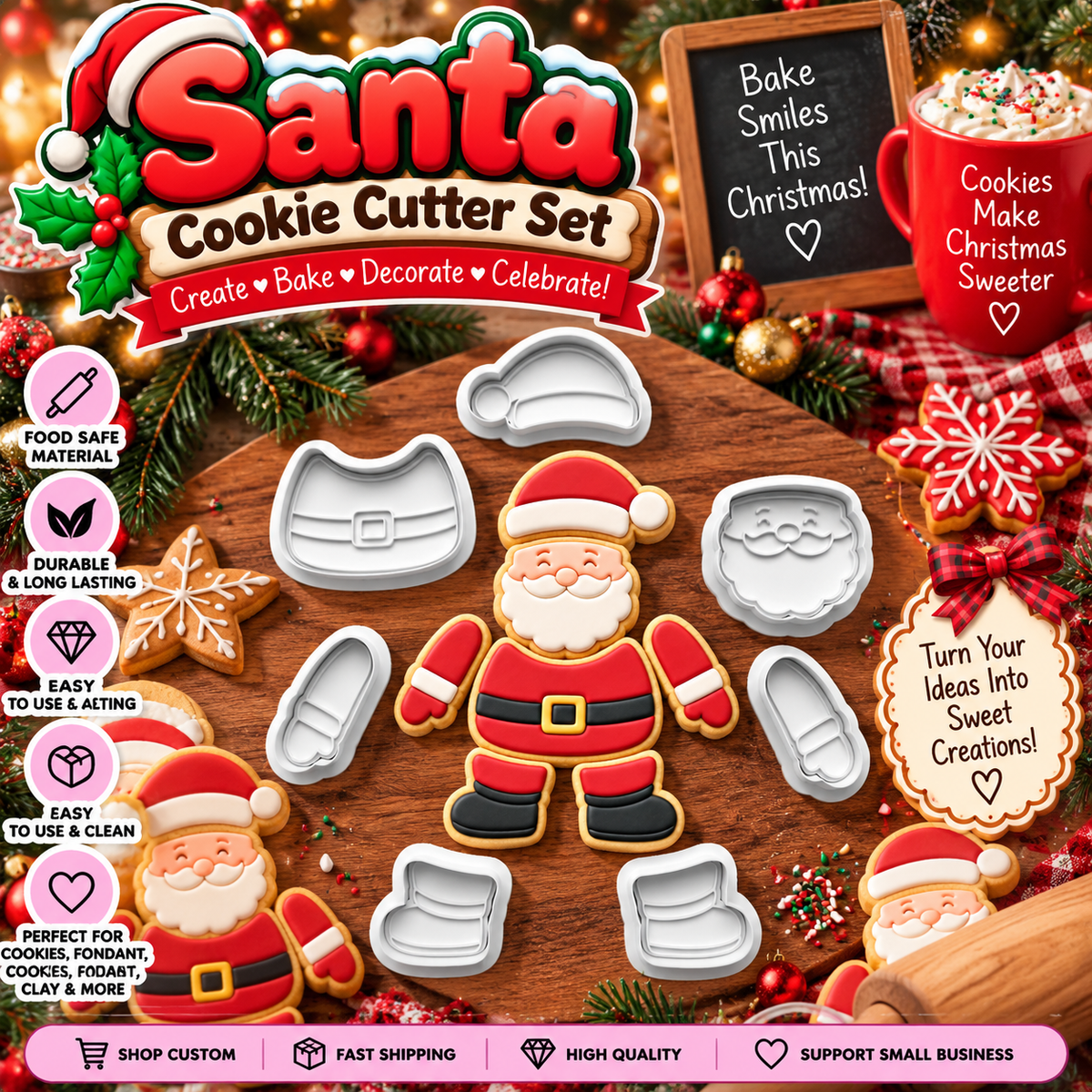 Detailed Santa cookie cutter collection with hat, belt, beard, face, gloves, boots, and character pieces