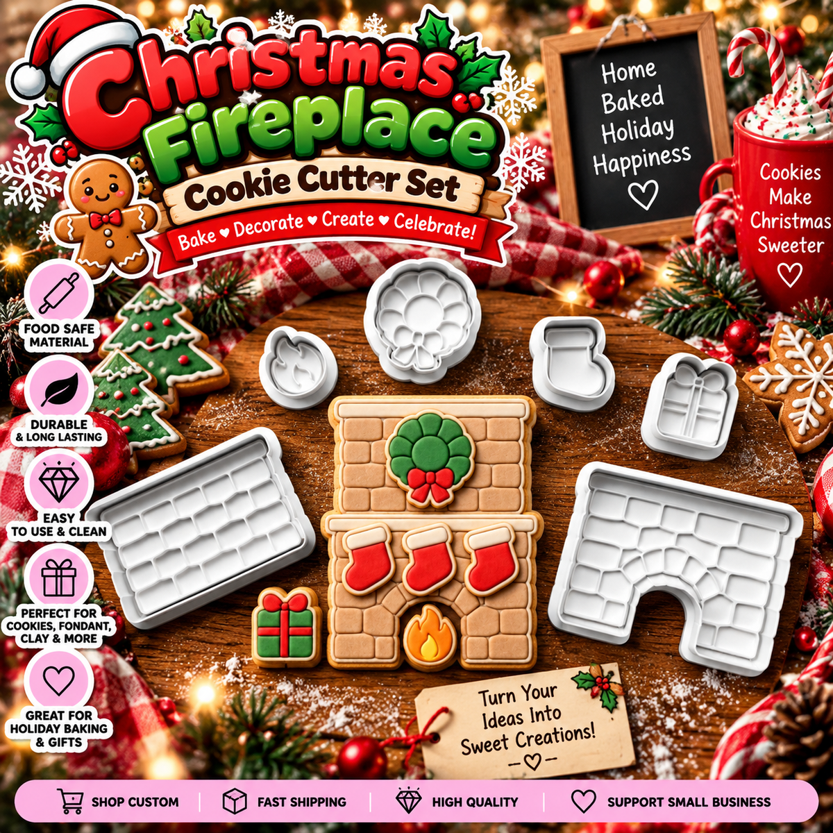 Large Christmas fireplace cookie cutter collection with fireplace, stockings, wreath, gifts, tree, snowflake, and festive holiday designs