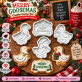 Four-piece Merry Goosemas cookie cutter set with festive goose, ornament, gift, Santa hat, and message designs