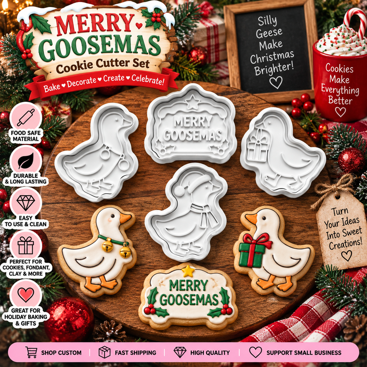 Four-piece Merry Goosemas cookie cutter set with festive goose, ornament, gift, Santa hat, and message designs
