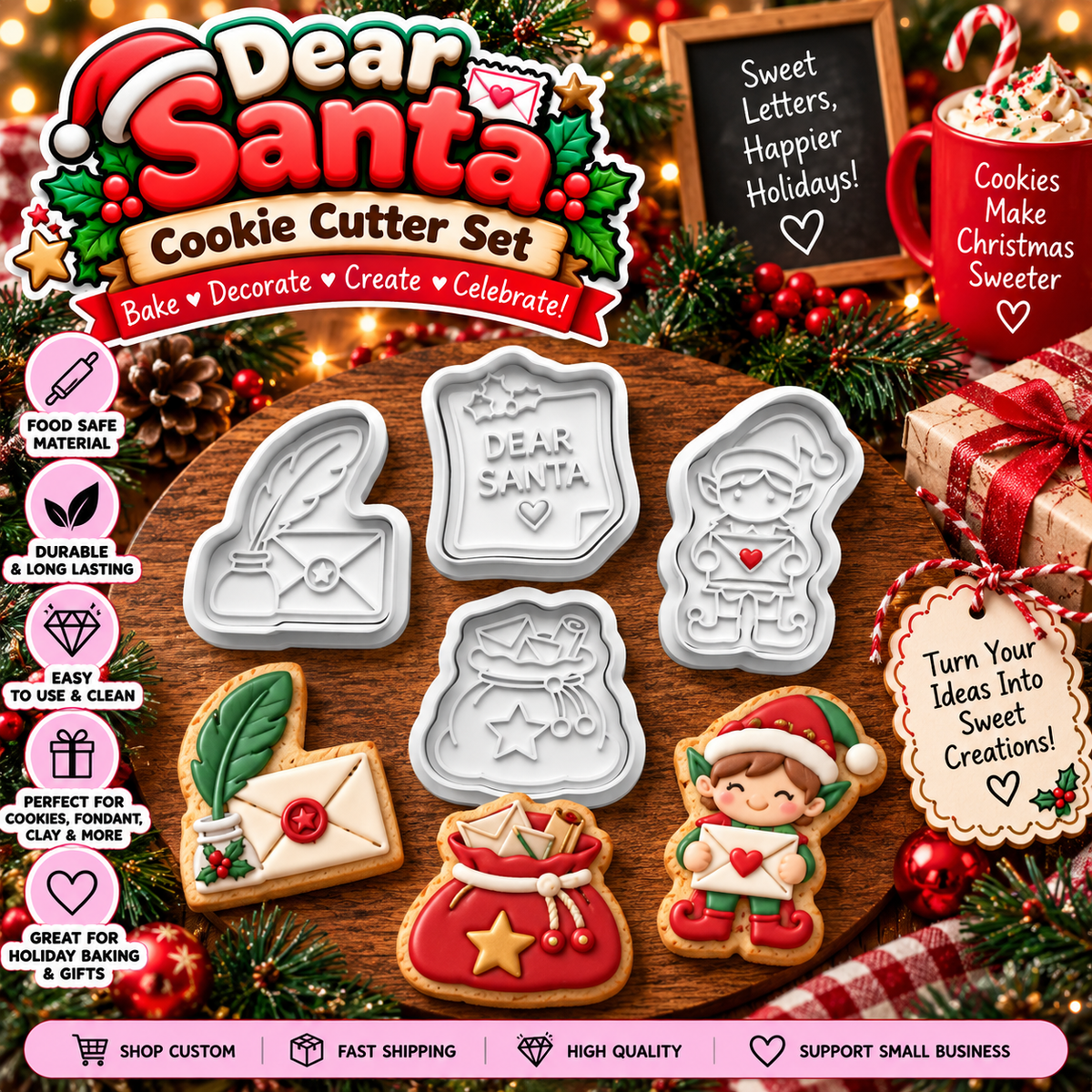 Four-piece Dear Santa cookie cutter set with envelope, Dear Santa message, elf, and snowman designs
