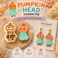 Pumpkin head character clay cutter 3D printed shown with finished polymer clay charm and earring example