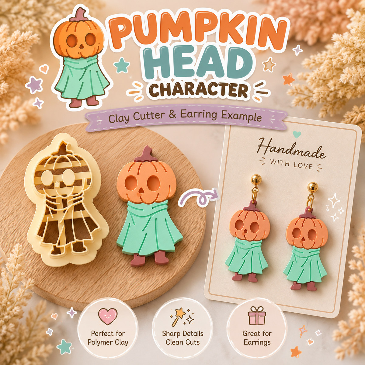 Pumpkin head character clay cutter 3D printed shown with finished polymer clay charm and earring example