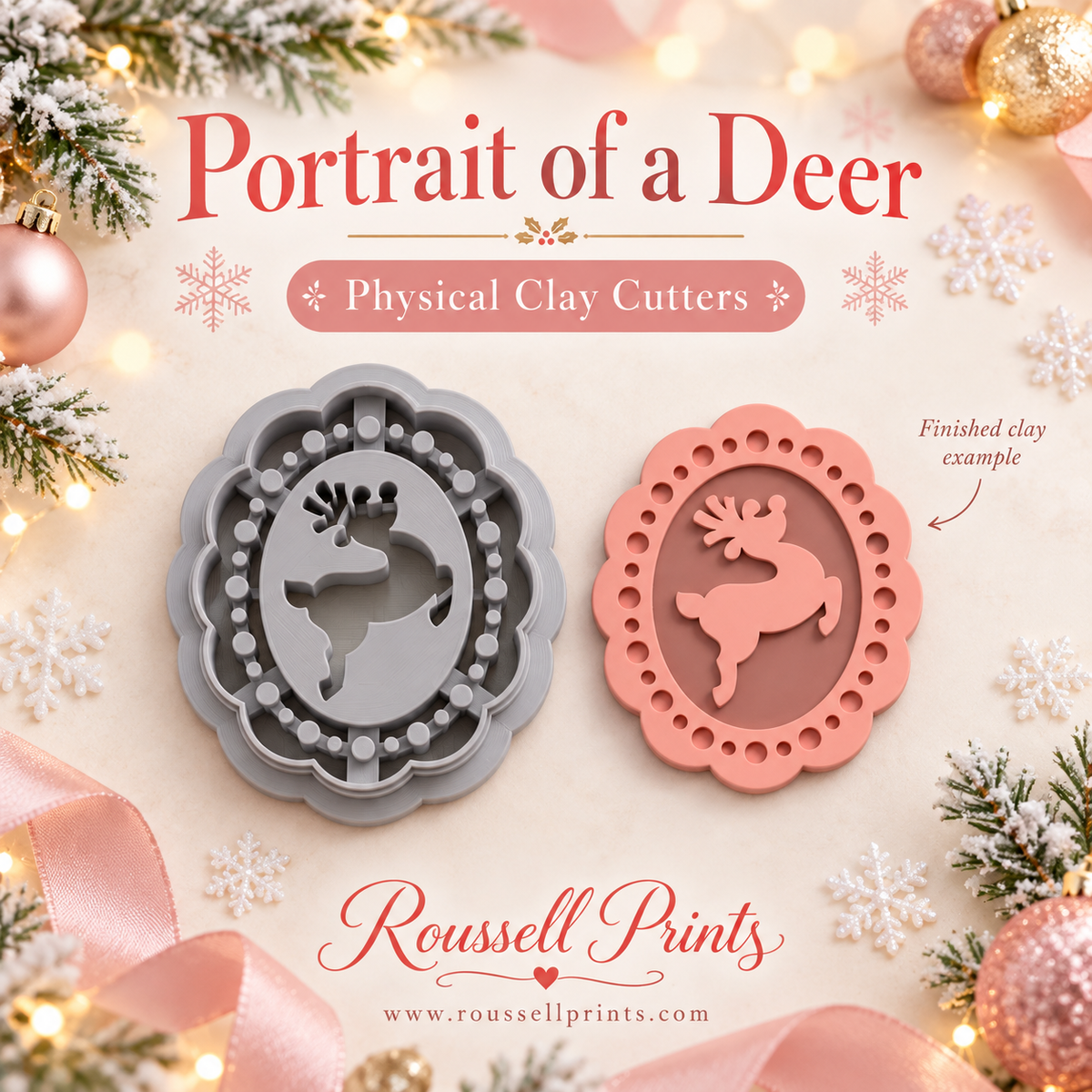Portrait of a Deer Physical Clay Cutter by Roussell Prints – scalloped oval cameo frame with leaping deer cutout and finished blush pink clay example