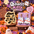 Ghost Kitty Clay Cutter with polymer clay earring example – spooky cute Halloween design by Roussell Prints