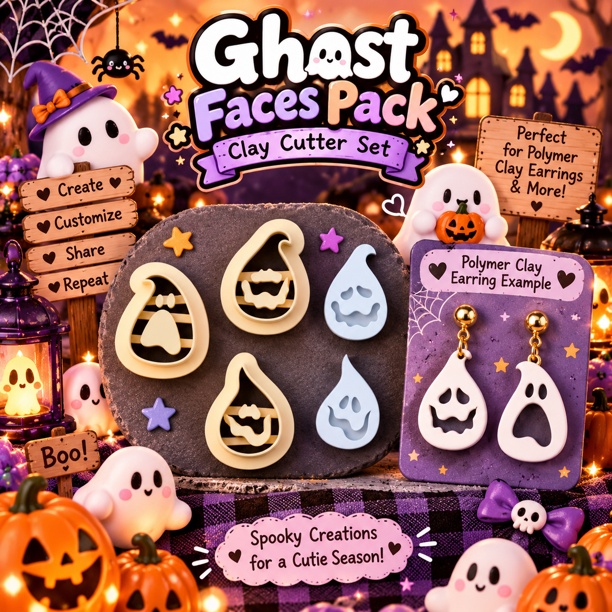 Ghost Faces Pack Clay Cutter Set with polymer clay earring example – Halloween spooky cute design by Roussell Prints